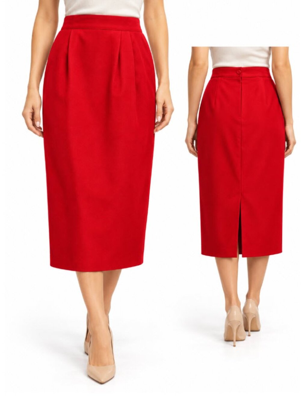 Red 100% Wool Pleated Midi Skirt Clasile Vintage Size 8 Office Preppy Chic